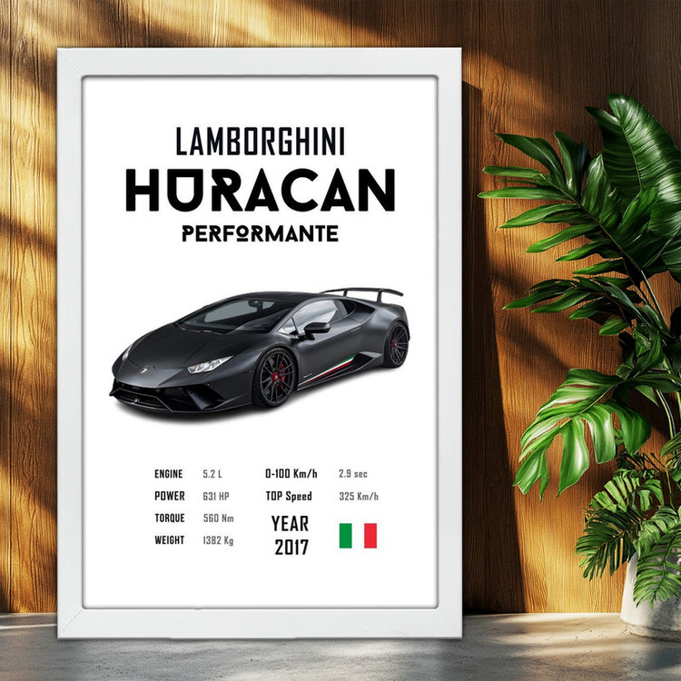 تابلو بکلیت طرح ماشین و خودرو لامبورگینی Lamborghini Huracan Performante مدل W-po1719 فریم سفید
