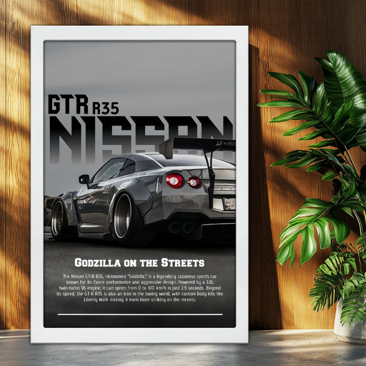 تابلو بکلیت طرح ماشین و خودرو نیسان جی تی ار NISSAN GTR R35 مدل W-po1997 فریم سفید