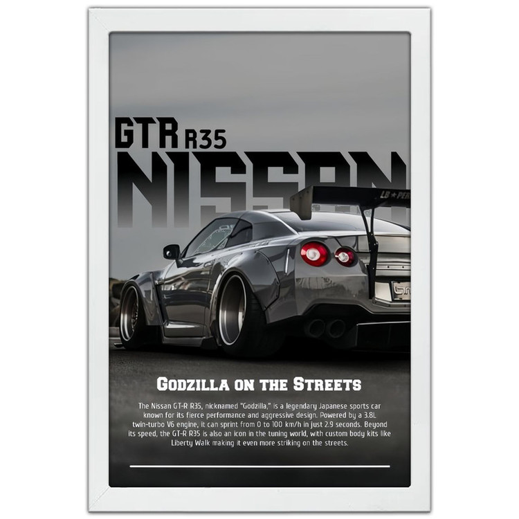 تابلو بکلیت طرح ماشین و خودرو نیسان جی تی ار NISSAN GTR R35 مدل W-po1997 فریم سفید