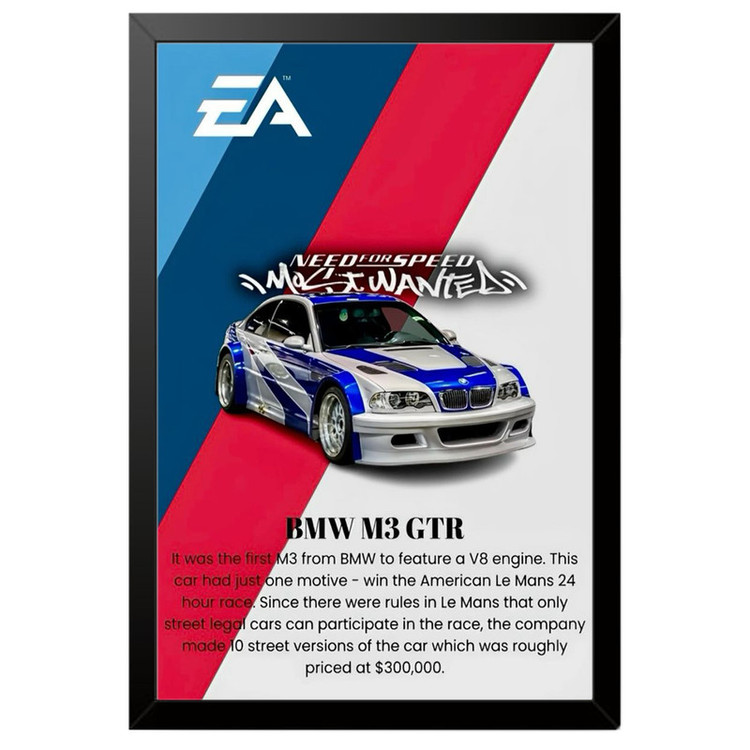 تابلو بکلیت طرح ماشین و خودرو بی ام و BMW M3 GTR NEED FOR SPEED MOST WANTED مدل B-po1995 فریم مشکی