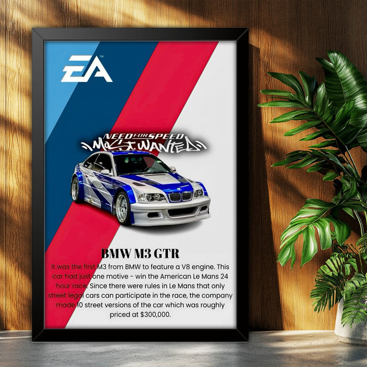 تابلو بکلیت طرح ماشین و خودرو بی ام و BMW M3 GTR NEED FOR SPEED MOST WANTED مدل B-po1995 فریم مشکی