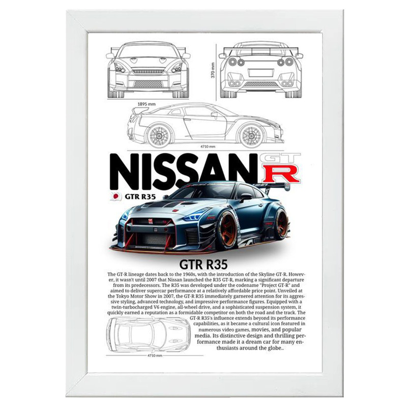 تابلو بکلیت طرح ماشین و خودرو نیسان NISSAN GT-R R35 مدل W-po1576 فریم سفید
