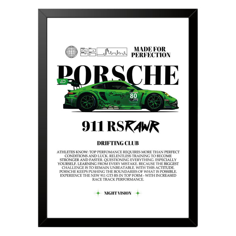 تابلو بکلیت طرح ماشین و خودرو پورشه PORSCHE 911 RS RAWR مدل b-po1556 فریم مشکی