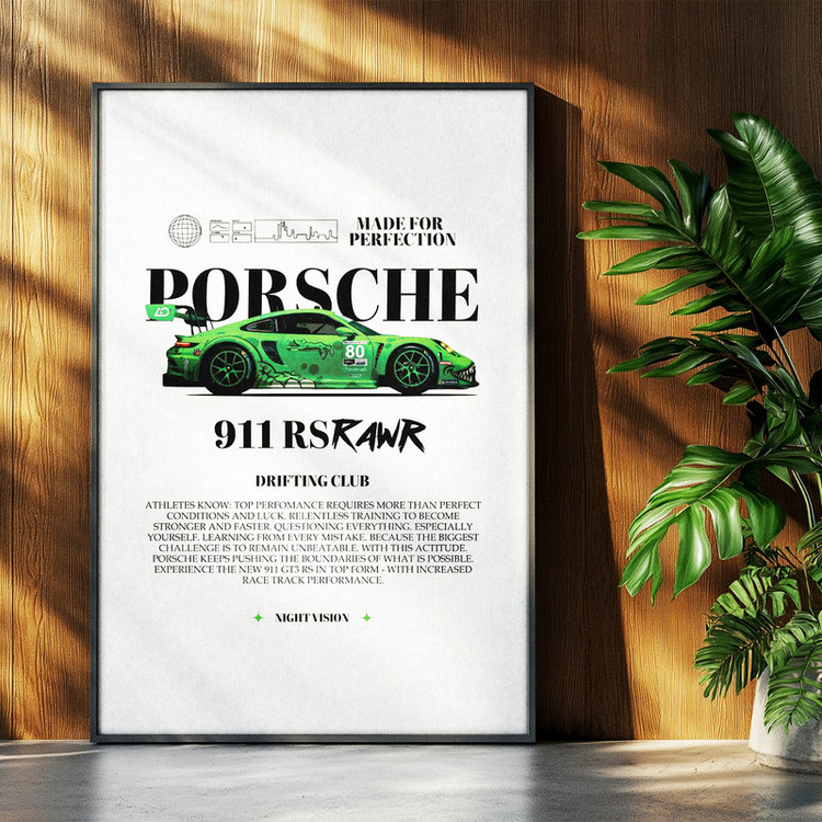تابلو بکلیت طرح ماشین و خودرو پورشه PORSCHE 911 RS RAWR مدل b-po1556 فریم مشکی