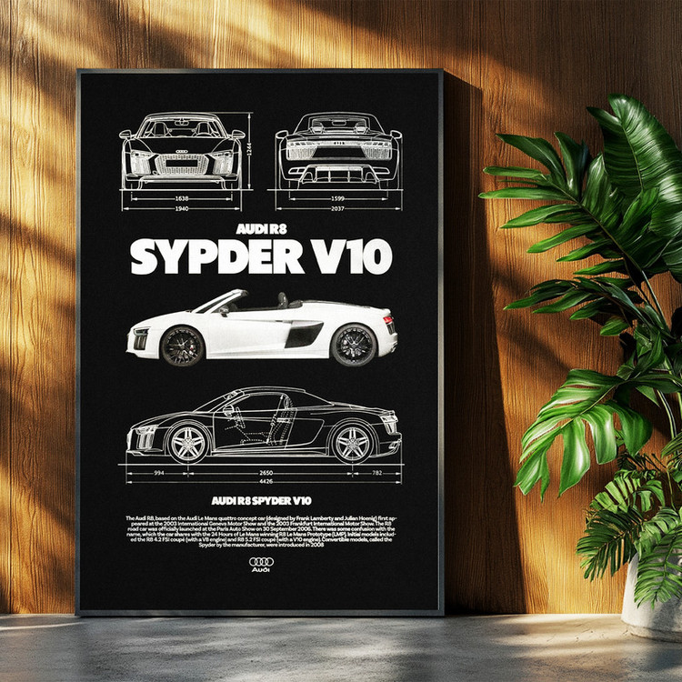 تابلو بکلیت طرح ماشین و خودرو آئودی AUDI R8 SPYDER V10 مدل b-po1563 فریم مشکی