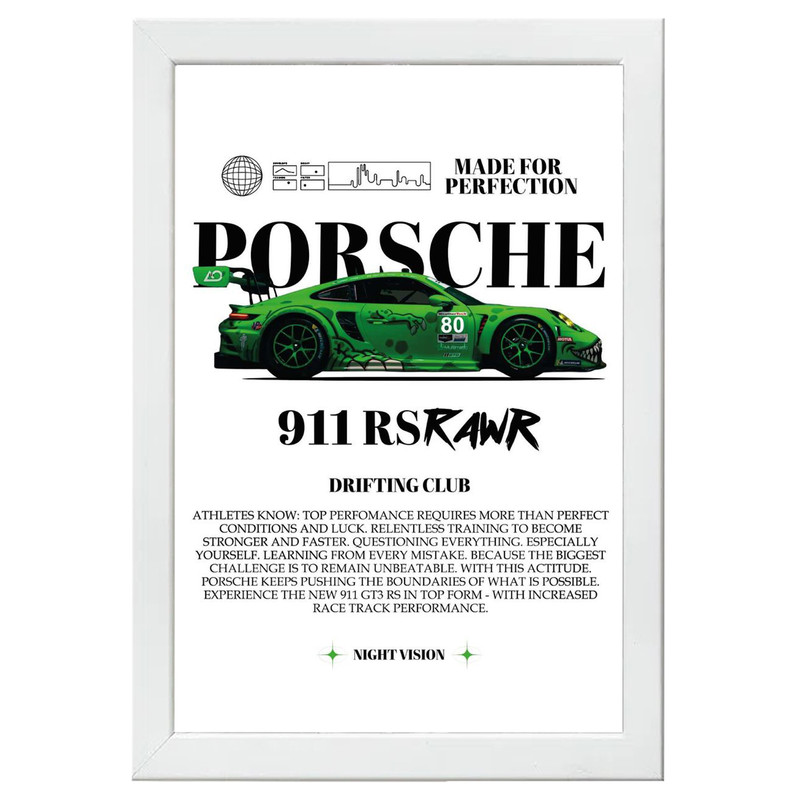 تابلو بکلیت طرح ماشین و خودرو پورشه PORSCHE 911 RS RAWR مدل W-po1556 فریم سفید
