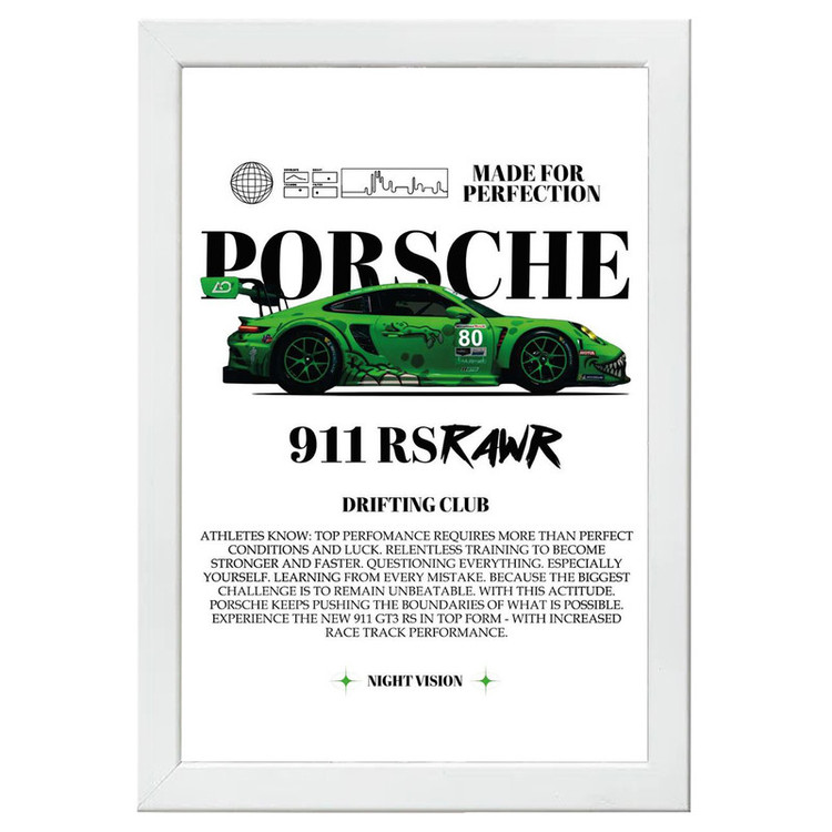 تابلو بکلیت طرح ماشین و خودرو پورشه PORSCHE 911 RS RAWR مدل W-po1556 فریم سفید