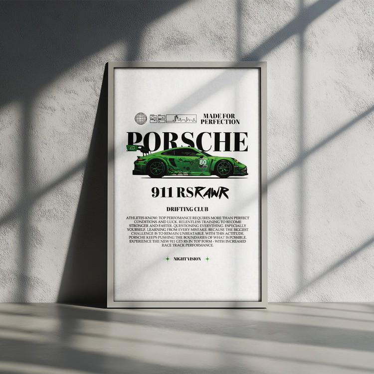 تابلو بکلیت طرح ماشین و خودرو پورشه PORSCHE 911 RS RAWR مدل W-po1556 فریم سفید
