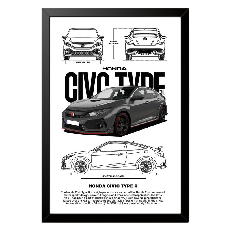 تابلو بکلیت طرح ماشین و خودرو هوندا HONDA CIVIC مدل b-po1550 فریم مشکی