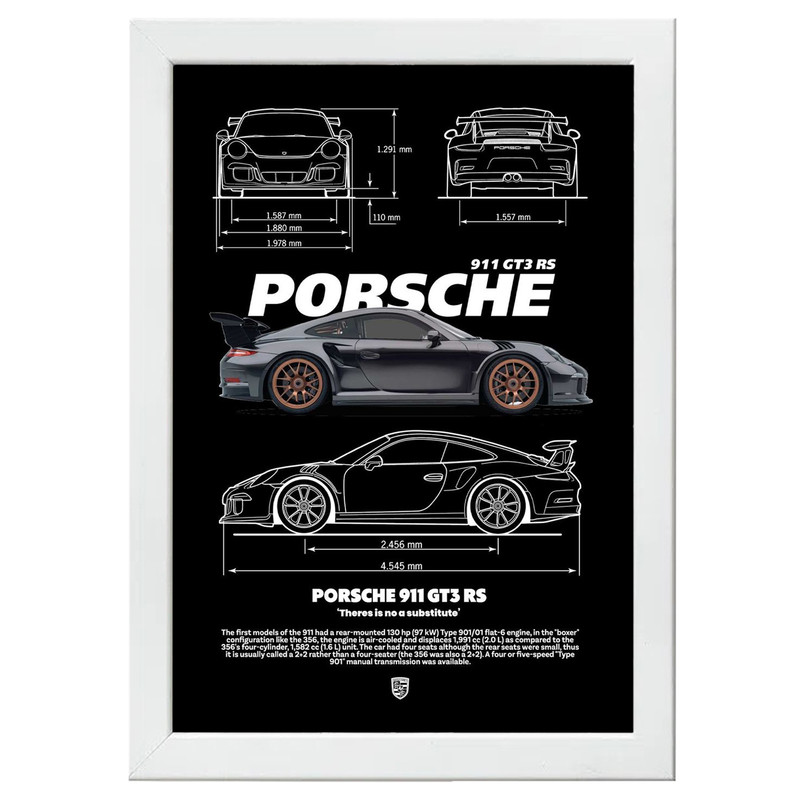 تابلو بکلیت طرح ماشین و خودرو پورشه PORSCHE 911 GT3 RS مدل W-po1568 فریم سفید