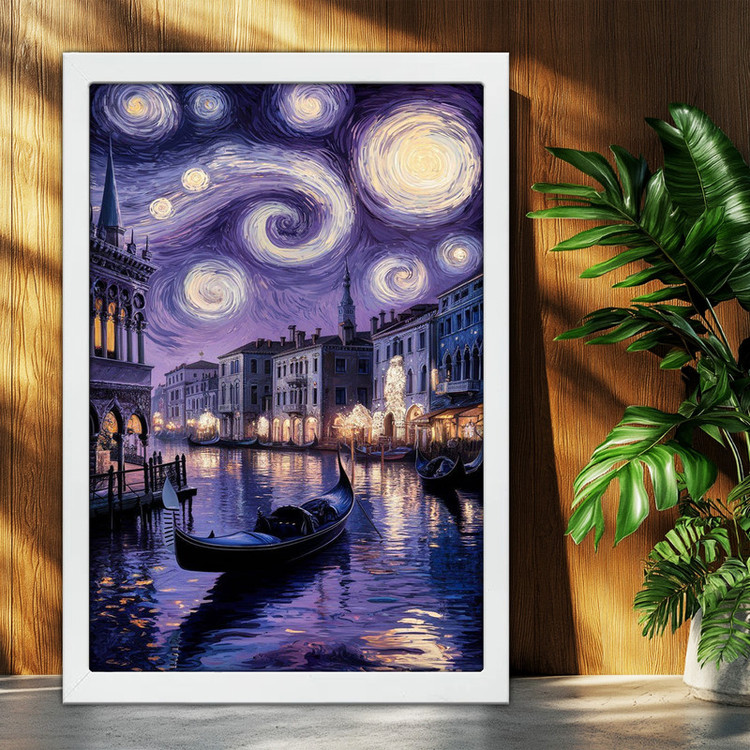 تابلو بکلیت طرح ونیز و شب پر ستاره The Starry Night مدل W-po2101 فریم سفید