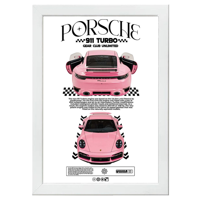 تابلو بکلیت طرح ماشین و خودرو پورشه PORSCHE 911 TURBO مدل W-po1572 فریم سفید