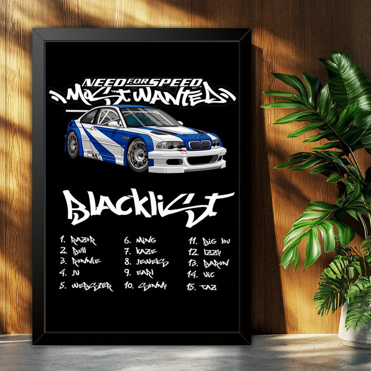 تابلو بکلیت طرح ماشین و خودرو بی ام و BMW M3 GTR NEED FOR SPEED MOST WANTED مدل B-po1880 فریم مشکی