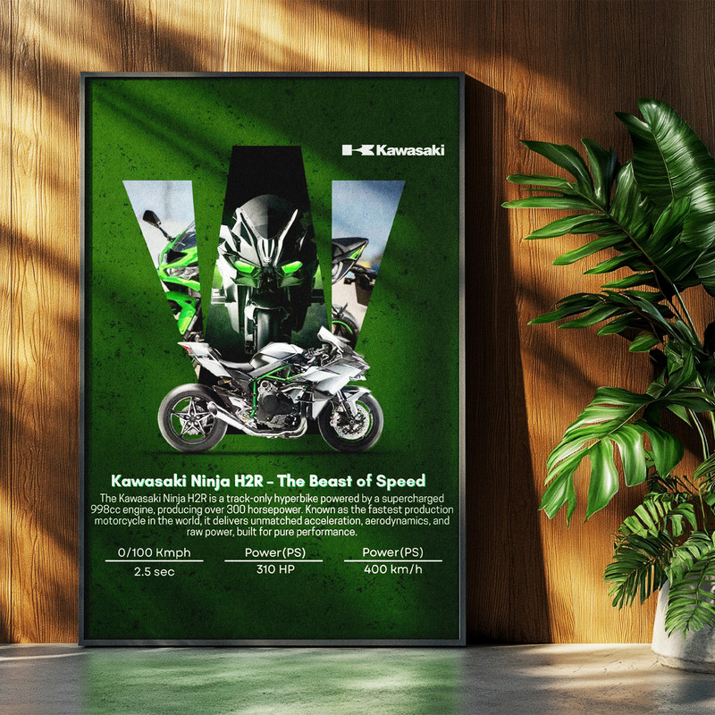 تابلو بکلیت طرح موتور سنگین نینجا کاوازاکی NINJA KAWASAKI H2R مدل b-po1682 فریم مشکی
