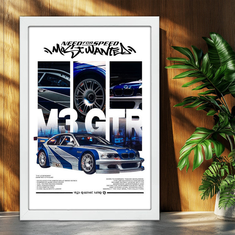 تابلو بکلیت طرح ماشین و خودرو بی ام و BMW M3 GTR NEED FOR SPEED MOST WANTED مدل W-po1668 فریم سفید