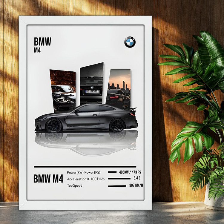 تابلو بکلیت طرح ماشین و خودرو بی ام و BMW M4 مدل W-po1881 فریم سفید
