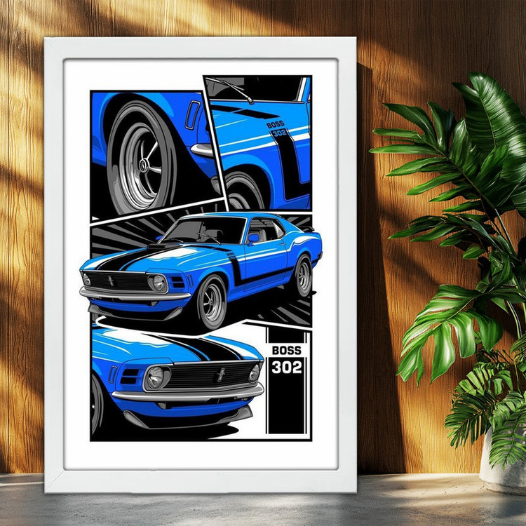 تابلو بکلیت طرح ماشین و خودرو Boss 302 Mustang مدل W-po1677 فریم سفید