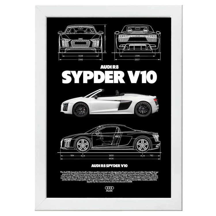 تابلو بکلیت طرح ماشین و خودرو آئودی AUDI R8 SPYDER V10 مدل W-po1563 فریم سفید