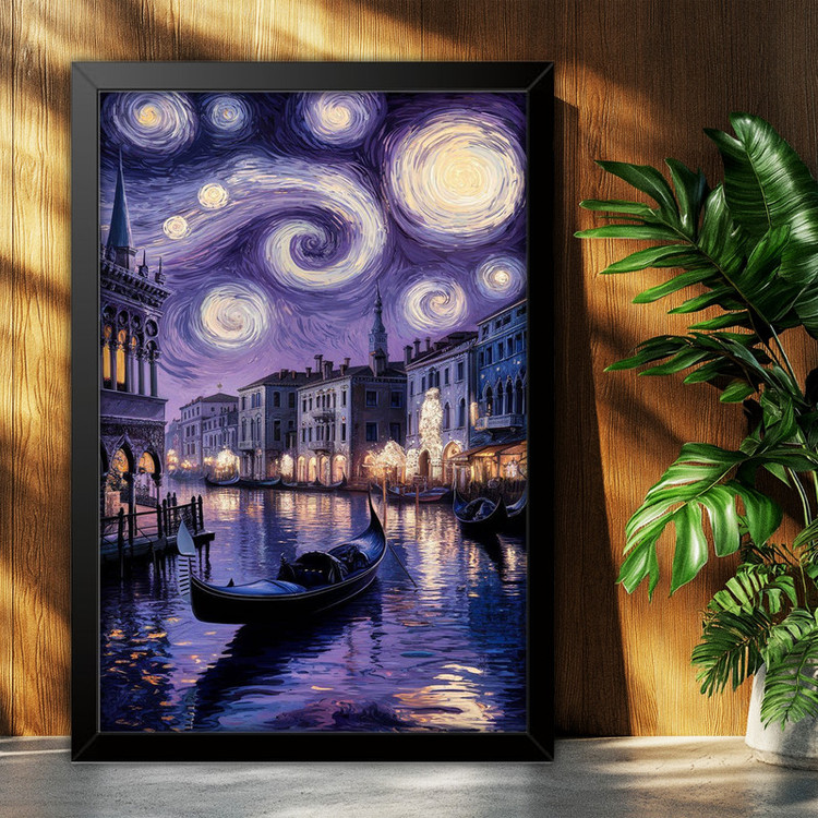 تابلو بکلیت طرح ونیز و شب پر ستاره The Starry Night مدل B-po2101 فریم مشکی
