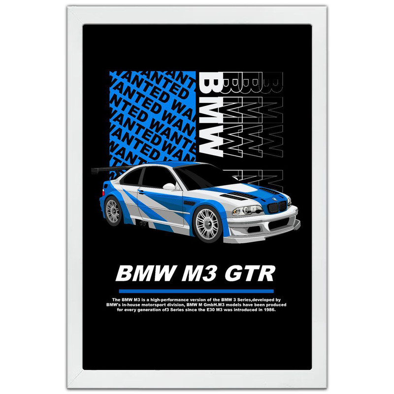 تابلو بکلیت طرح ماشین و خودرو بی ام و BMW M3 GTR NEED FOR SPEED MOST WANTED مدل W-po1865 فریم سفید