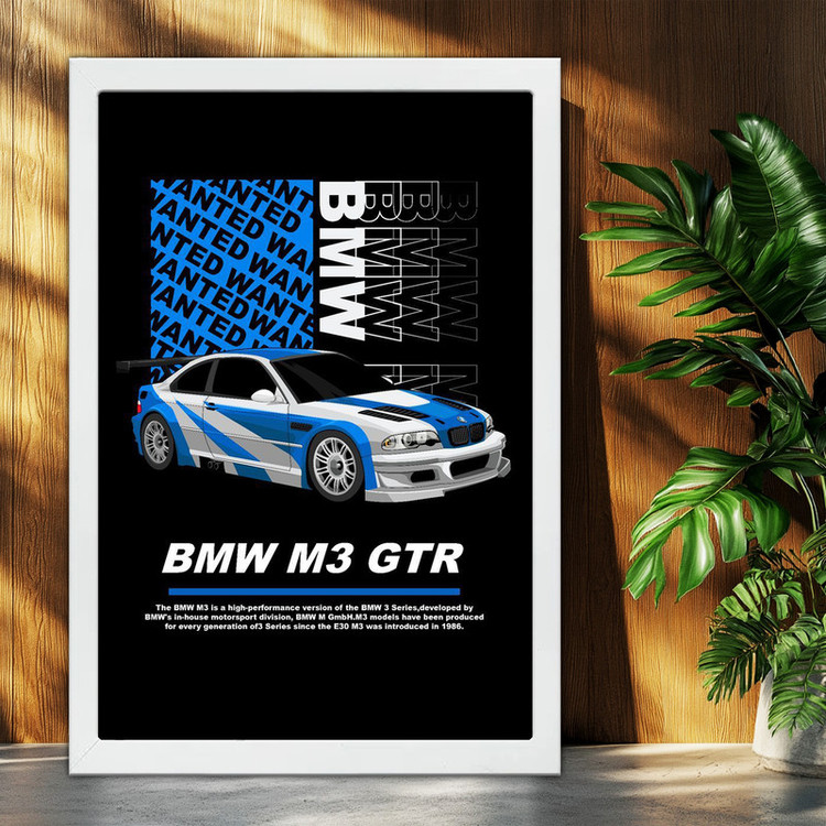 تابلو بکلیت طرح ماشین و خودرو بی ام و BMW M3 GTR NEED FOR SPEED MOST WANTED مدل W-po1865 فریم سفید