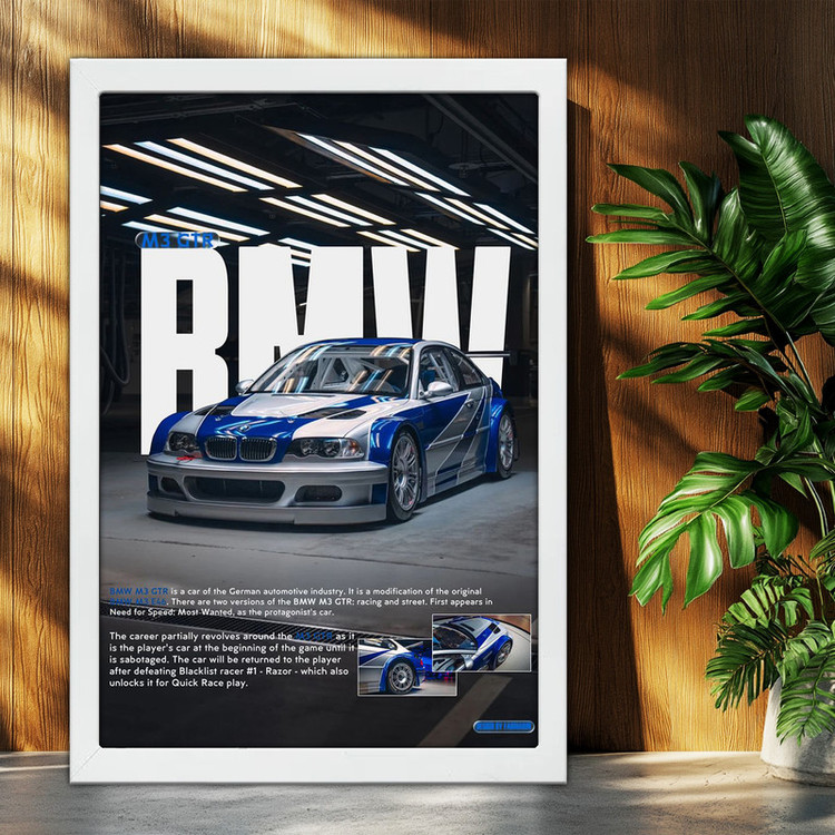 تابلو بکلیت طرح ماشین و خودرو بی ام و BMW M3 GTR NEED FOR SPEED MOST WANTED مدل W-po1876 فریم سفید