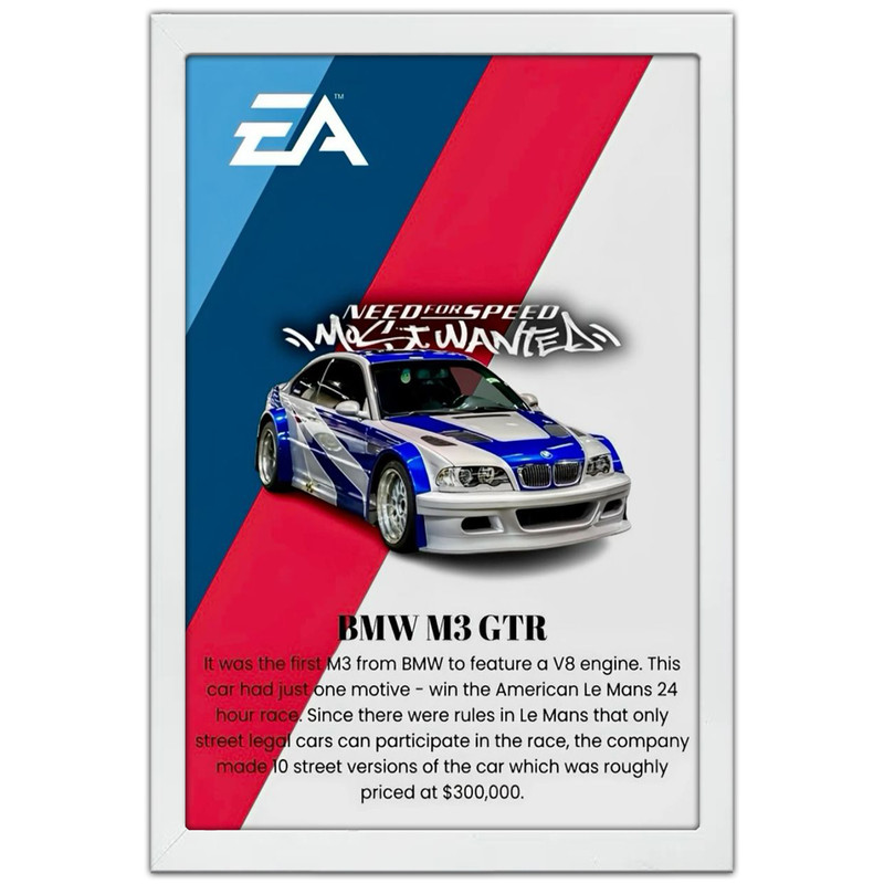 تابلو بکلیت طرح ماشین و خودرو بی ام و BMW M3 GTR NEED FOR SPEED MOST WANTED مدل W-po1995 فریم سفید