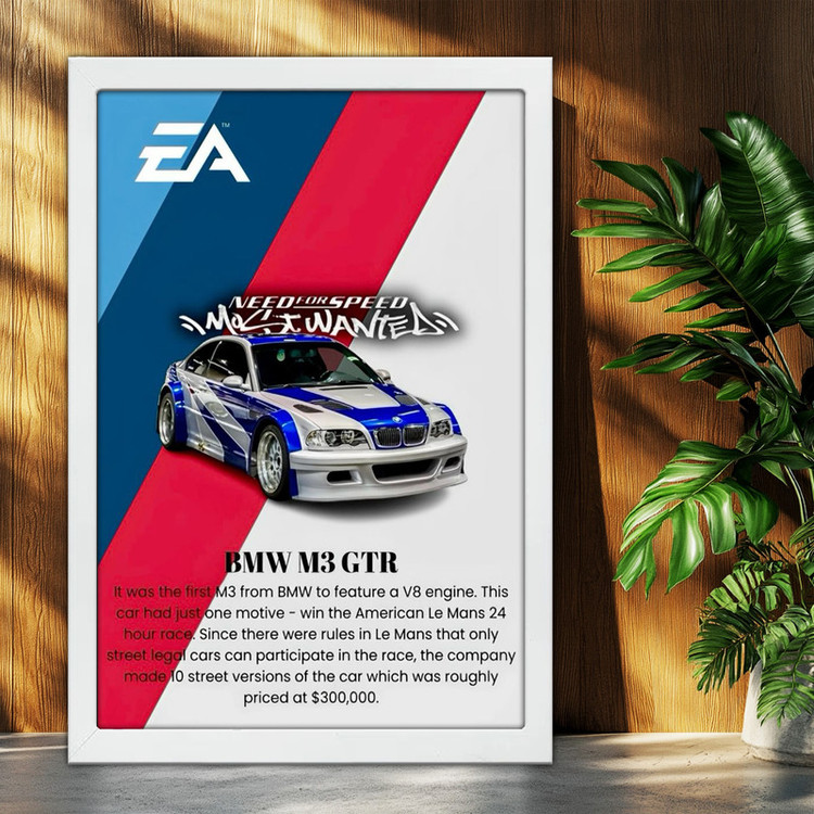 تابلو بکلیت طرح ماشین و خودرو بی ام و BMW M3 GTR NEED FOR SPEED MOST WANTED مدل W-po1995 فریم سفید