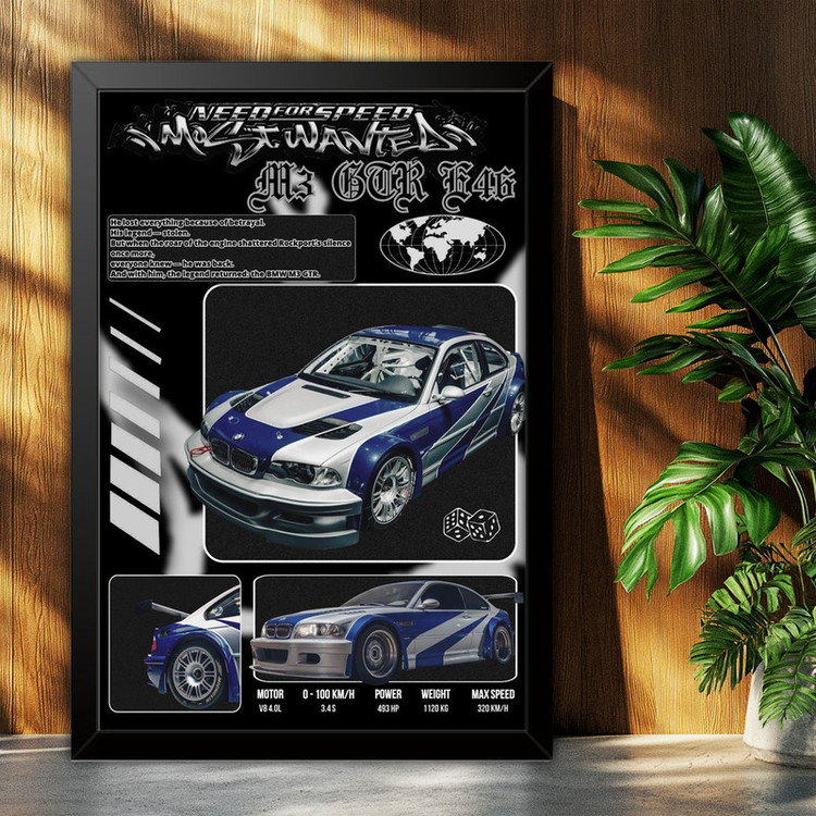 تابلو بکلیت طرح ماشین و خودرو بی ام و BMW M3 GTR NEED FOR SPEED MOST WANTED مدل B-po1871 فریم مشکی