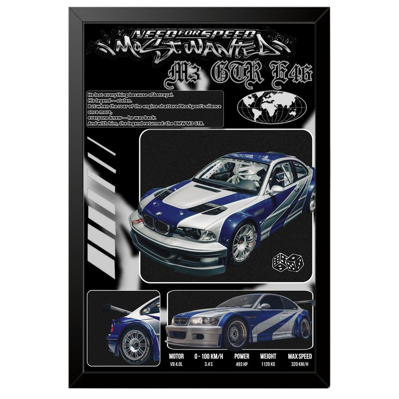 تابلو بکلیت طرح ماشین و خودرو بی ام و BMW M3 GTR NEED FOR SPEED MOST WANTED مدل B-po1871 فریم مشکی