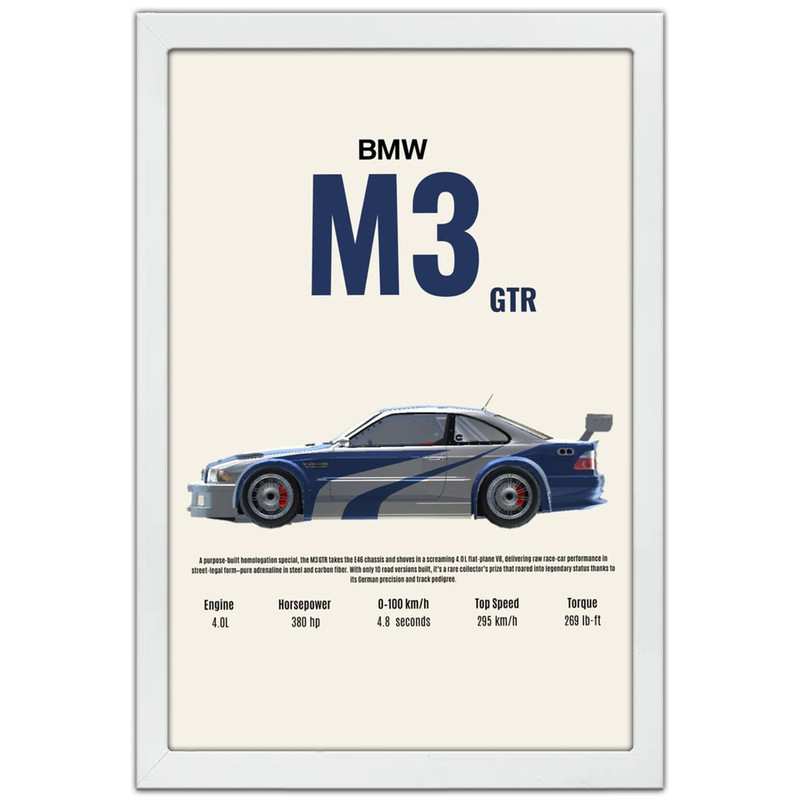 تابلو بکلیت طرح ماشین و خودرو بی ام و BMW M3 GTR NEED FOR SPEED MOST WANTED مدل W-po1951 فریم سفید
