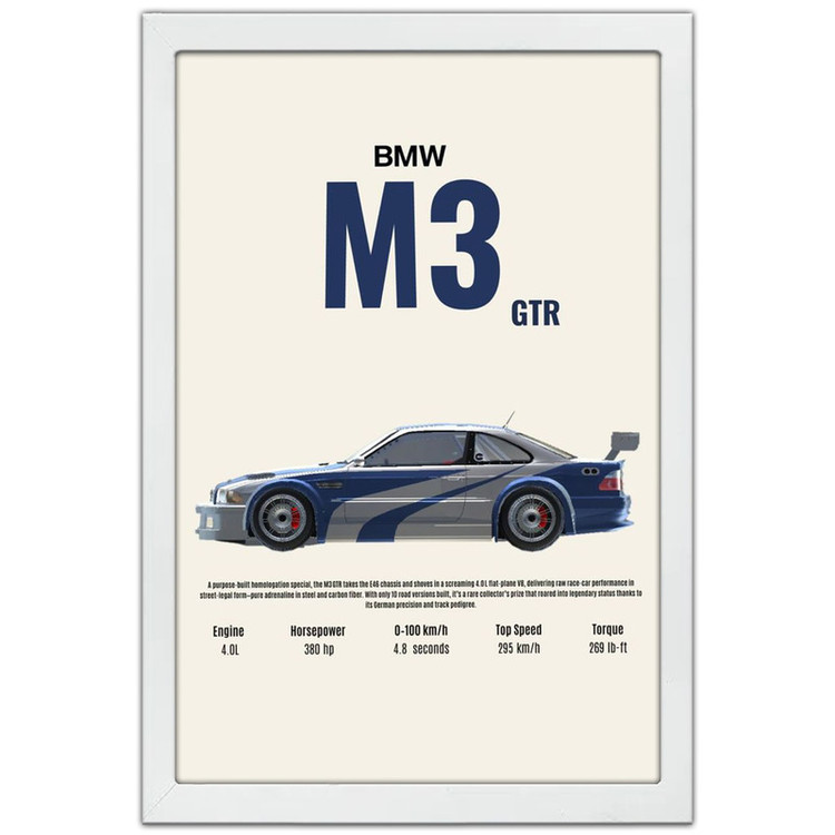 تابلو بکلیت طرح ماشین و خودرو بی ام و BMW M3 GTR NEED FOR SPEED MOST WANTED مدل W-po1951 فریم سفید