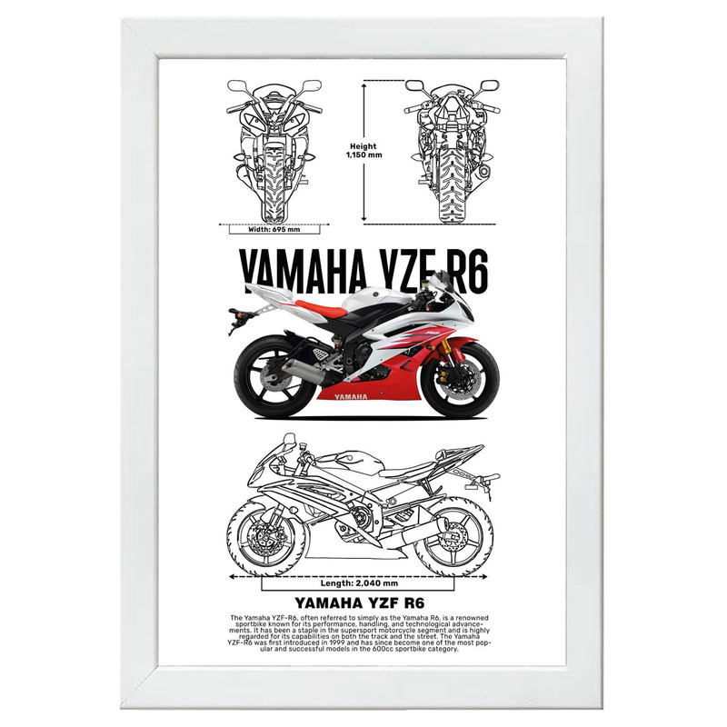 تابلو بکلیت طرح موتور سنگین یاماها YAMAHA YZF R6 مدل W-po1549 فریم سفید