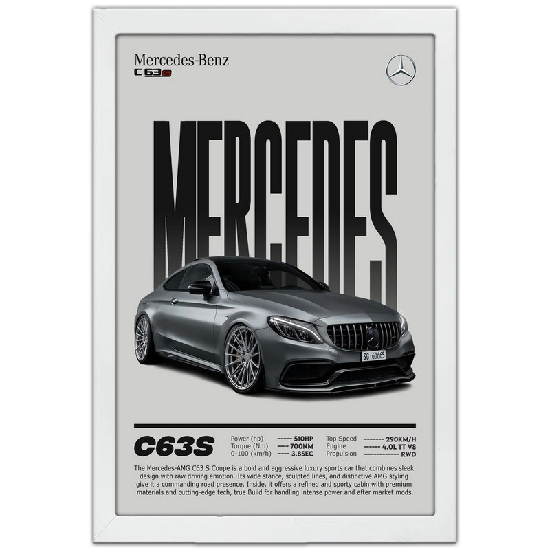 تابلو بکلیت طرح ماشین و خودرو مرسدس بنز Mercedes-Benz AMG C63 S مدل W-po1731 فریم سفید