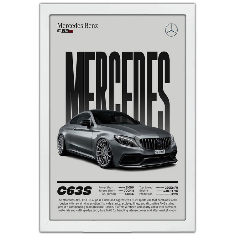 تابلو بکلیت طرح ماشین و خودرو مرسدس بنز Mercedes-Benz AMG C63 S مدل W-po1731 فریم سفید