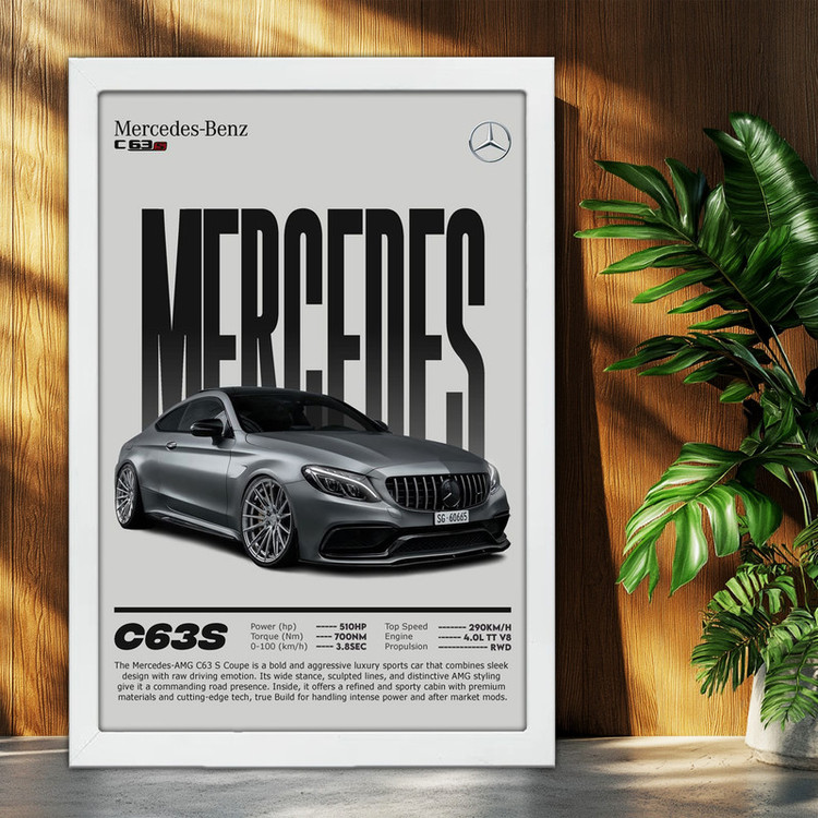تابلو بکلیت طرح ماشین و خودرو مرسدس بنز Mercedes-Benz AMG C63 S مدل W-po1731 فریم سفید