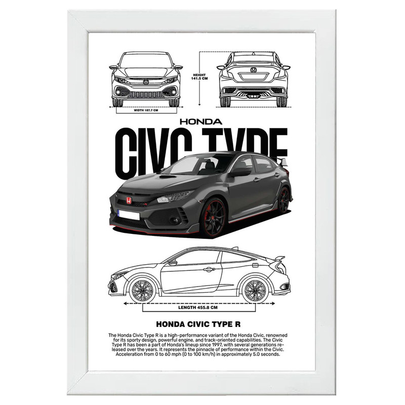 تابلو بکلیت طرح ماشین و خودرو هوندا HONDA CIVIC مدل W-po1550 فریم سفید