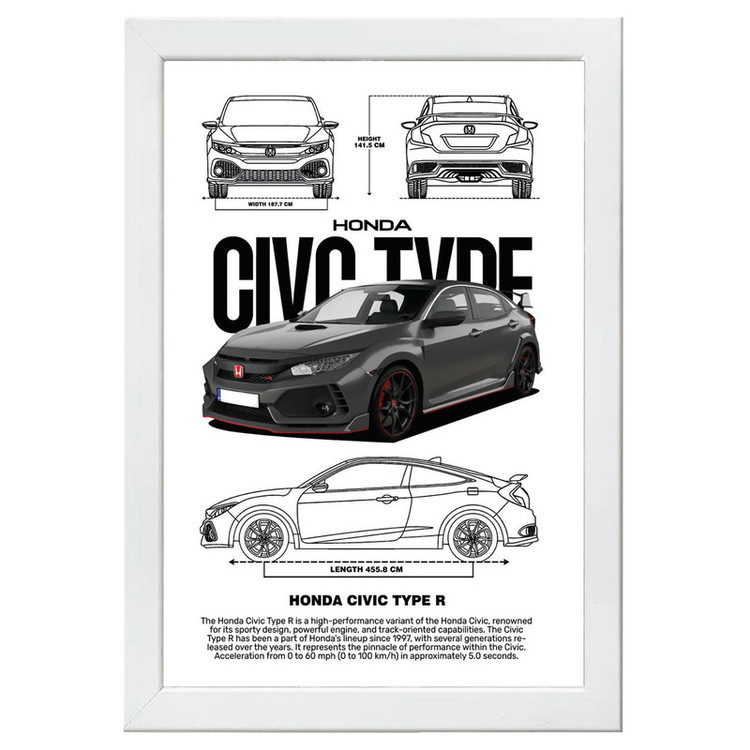 تابلو بکلیت طرح ماشین و خودرو هوندا HONDA CIVIC مدل W-po1550 فریم سفید
