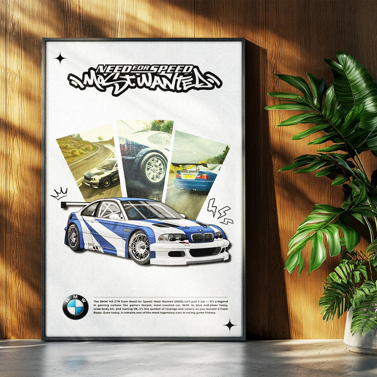 تابلو بکلیت طرح ماشین و خودرو بی ام و BMW M3 GTR NEED FOR SPEED MOST WANTED مدل b-po1670 فریم مشکی