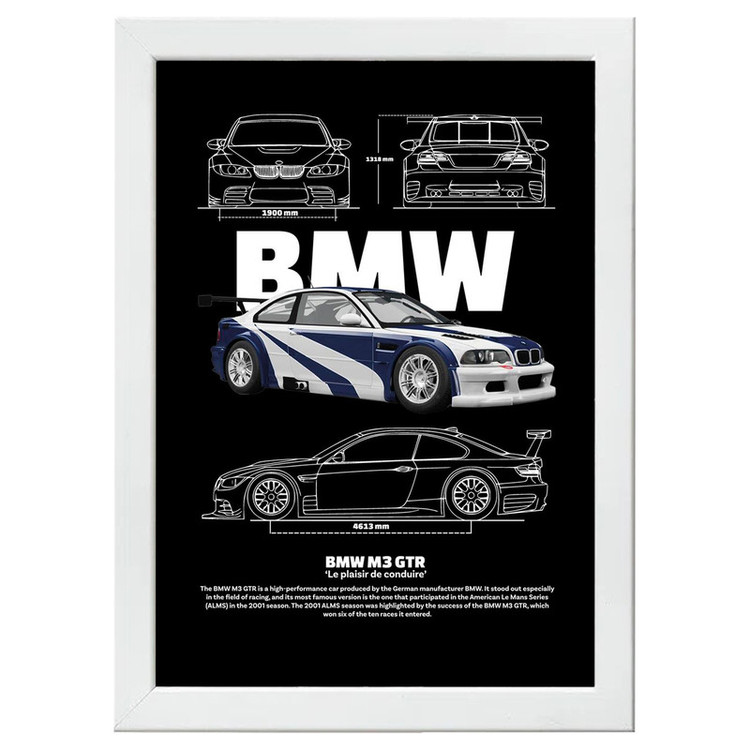 تابلو بکلیت طرح ماشین و خودرو بی ام و BMW M3 GTR مدل W-po1543 فریم سفید