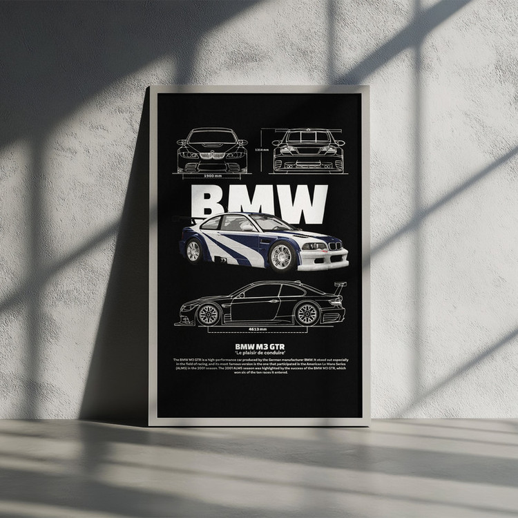 تابلو بکلیت طرح ماشین و خودرو بی ام و BMW M3 GTR مدل W-po1543 فریم سفید