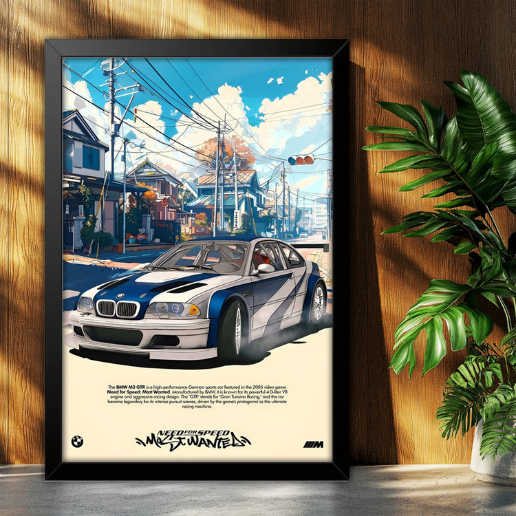 تابلو بکلیت طرح ماشین و خودرو بی ام و BMW M3 GTR NEED FOR SPEED MOST WANTED مدل B-po1950 فریم مشکی