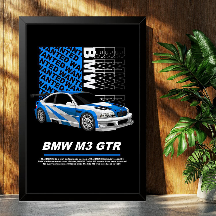 تابلو بکلیت طرح ماشین و خودرو بی ام و BMW M3 GTR NEED FOR SPEED MOST WANTED مدل B-po1865 فریم مشکی
