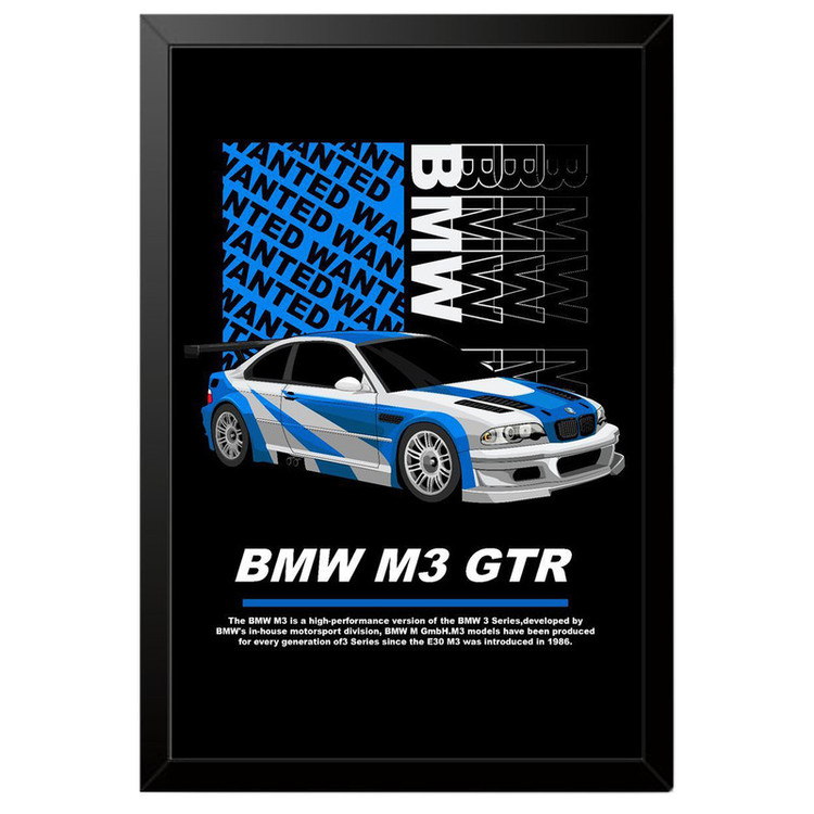 تابلو بکلیت طرح ماشین و خودرو بی ام و BMW M3 GTR NEED FOR SPEED MOST WANTED مدل B-po1865 فریم مشکی