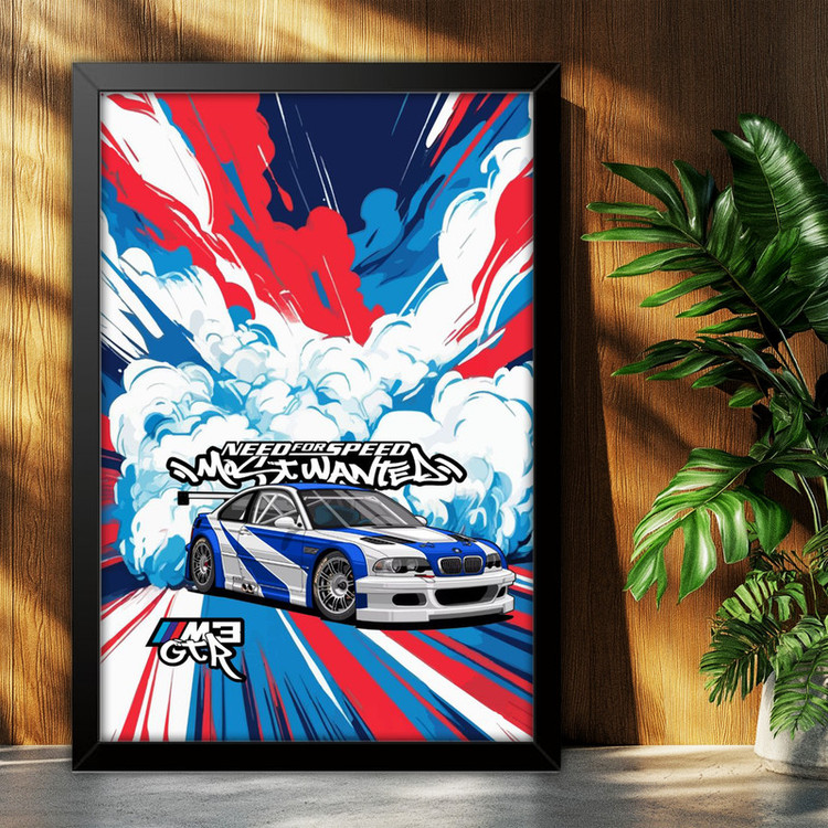 تابلو بکلیت طرح ماشین و خودرو بی ام و BMW M3 GTR NEED FOR SPEED MOST WANTED مدل B-po1872 فریم مشکی