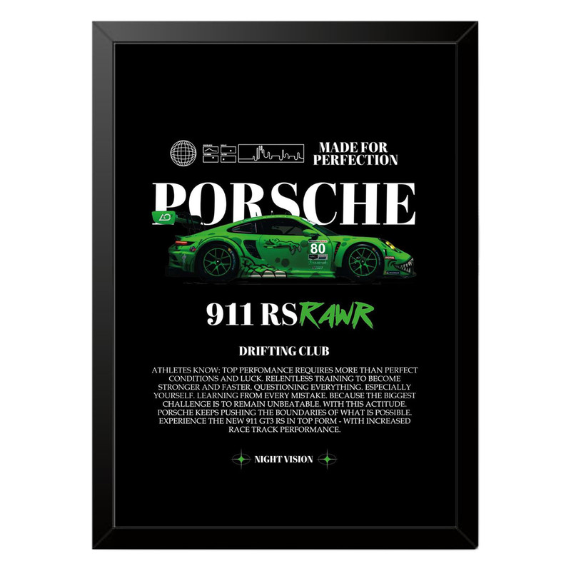تابلو بکلیت طرح ماشین و خودرو پورشه PORSCHE 911 RS RAWR مدل b-po1570 فریم مشکی