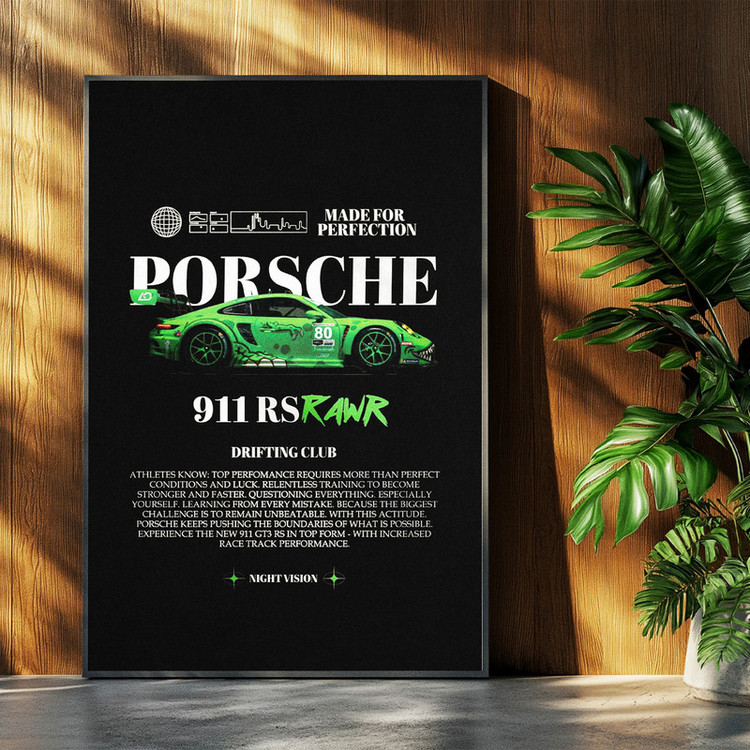 تابلو بکلیت طرح ماشین و خودرو پورشه PORSCHE 911 RS RAWR مدل b-po1570 فریم مشکی