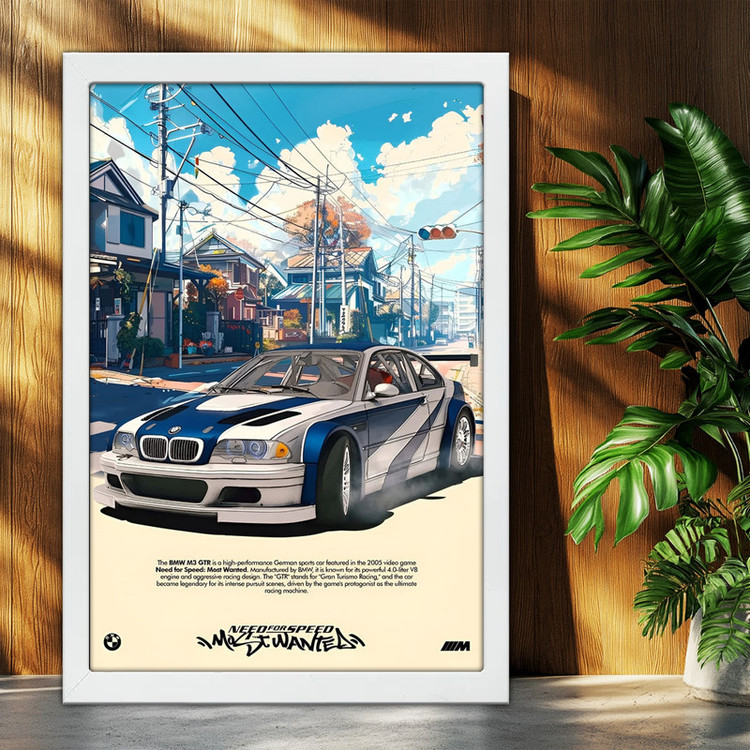 تابلو بکلیت طرح ماشین و خودرو بی ام و BMW M3 GTR NEED FOR SPEED MOST WANTED مدل W-po1950 فریم سفید