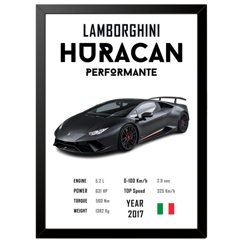 تابلو بکلیت طرح ماشین و خودرو لامبورگینی Lamborghini Huracan Performante مدل b-po1719 فریم مشکی
